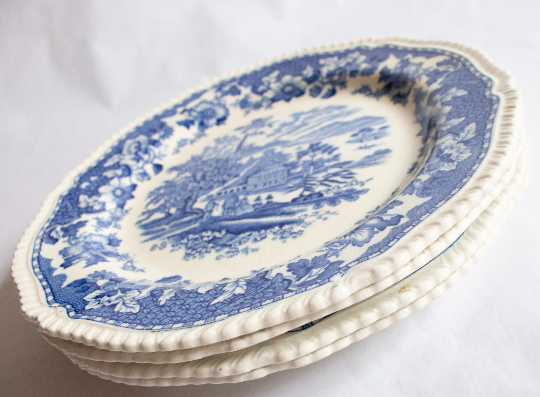 Woods Burslem England 'Seaforth' Blue and White Transferware 10" Plates (4)