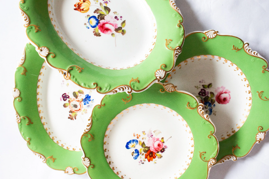 Antique Dessert Plates Green and Gilt with Floral Detail