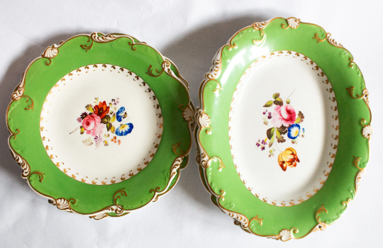 Antique Dessert Plates Green and Gilt with Floral Detail