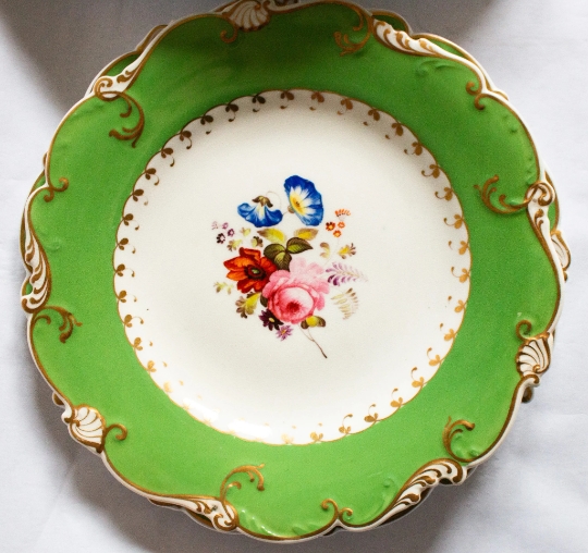 Antique Dessert Plates Green and Gilt with Floral Detail