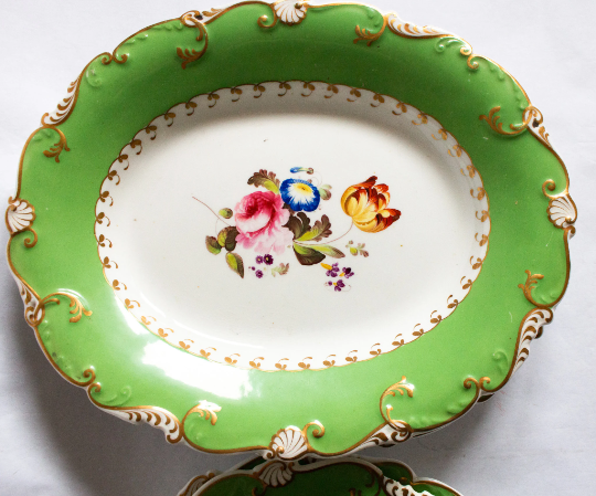 Antique Dessert Plates Green and Gilt with Floral Detail