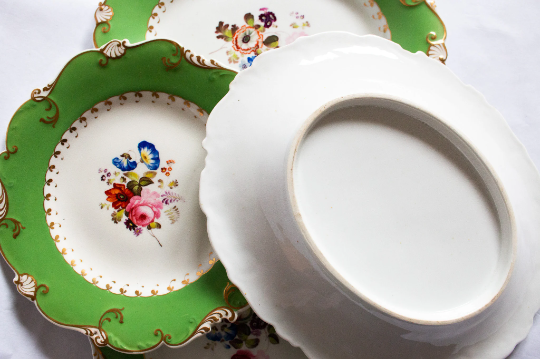 Antique Dessert Plates Green and Gilt with Floral Detail