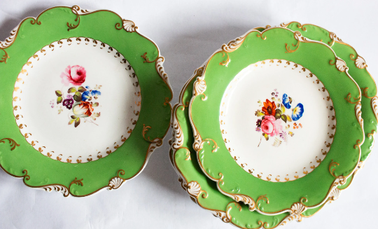 Antique Dessert Plates Green and Gilt with Floral Detail