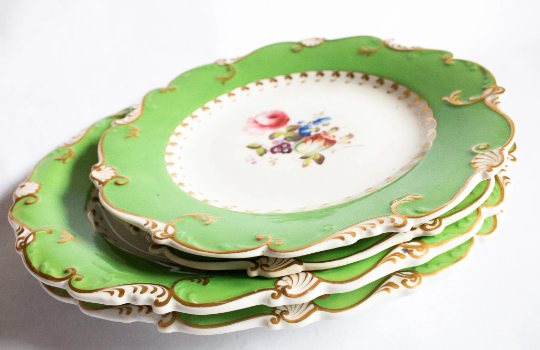 Antique Dessert Plates Green and Gilt with Floral Detail