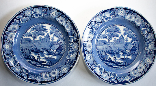 Antique Blue Transferware 'Rose Border' Plates (2)