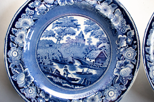 Antique Blue Transferware 'Rose Border' Plates (2)