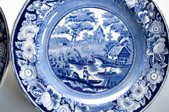 Antique Blue Transferware 'Rose Border' Plates (2)