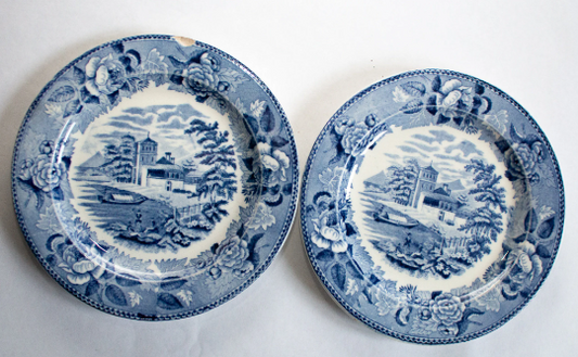 Wedgwood 'Blue Rose Border' Landscape Series Blue and White Transferware Plates (2)