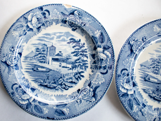 Wedgwood 'Blue Rose Border' Landscape Series Blue and White Transferware Plates (2)