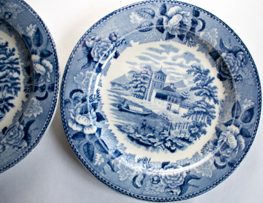 Wedgwood 'Blue Rose Border' Landscape Series Blue and White Transferware Plates (2)