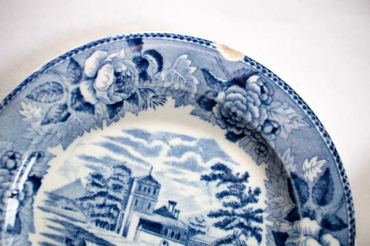 Wedgwood 'Blue Rose Border' Landscape Series Blue and White Transferware Plates (2)