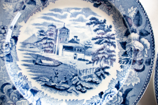 Wedgwood 'Blue Rose Border' Landscape Series Blue and White Transferware Plates (2)