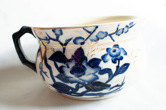 Antique Blue and White Transferware Chamber Pot with Gold Detail,