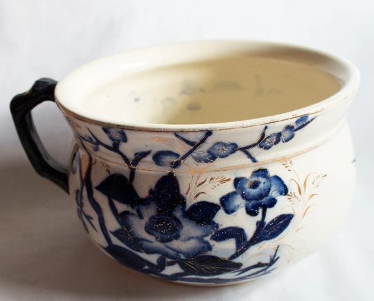 Antique Blue and White Transferware Chamber Pot with Gold Detail,