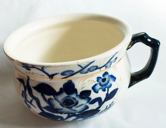 Antique Blue and White Transferware Chamber Pot with Gold Detail,