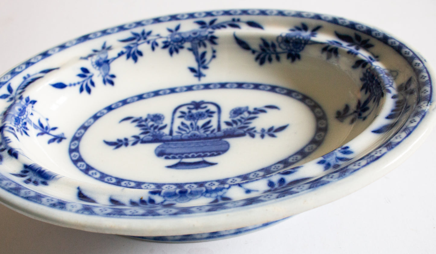 Minton 'Delft' Pattern Flow Blue and White Transferware Vegetable Tureen Base