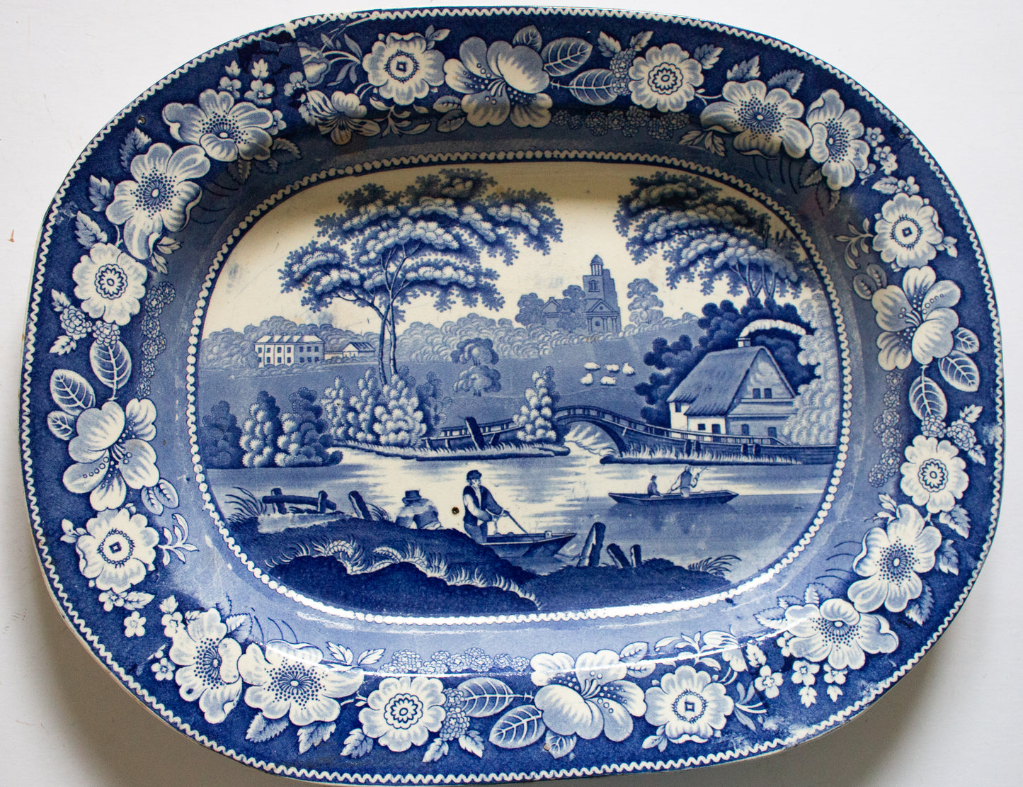 Large Antique Ironstone Blue and White Meat Platter with Fisherman and Rose Border Pattern