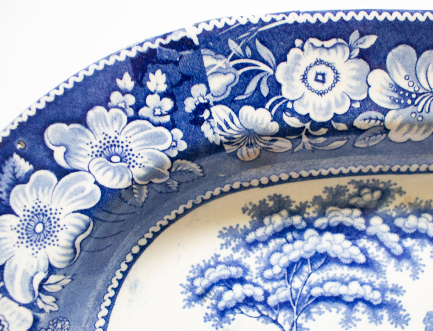 Large Antique Ironstone Blue and White Meat Platter with Fisherman and Rose Border Pattern