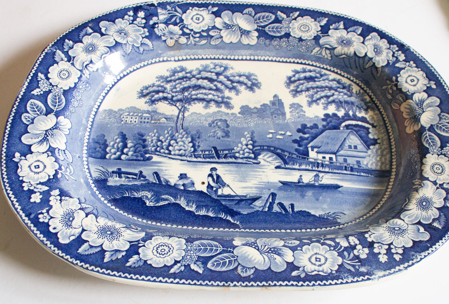 Large Antique Ironstone Blue and White Meat Platter with Fisherman and Rose Border Pattern