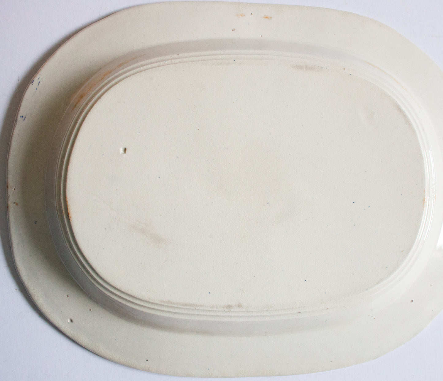 Large Antique Ironstone Blue and White Meat Platter with Fisherman and Rose Border Pattern