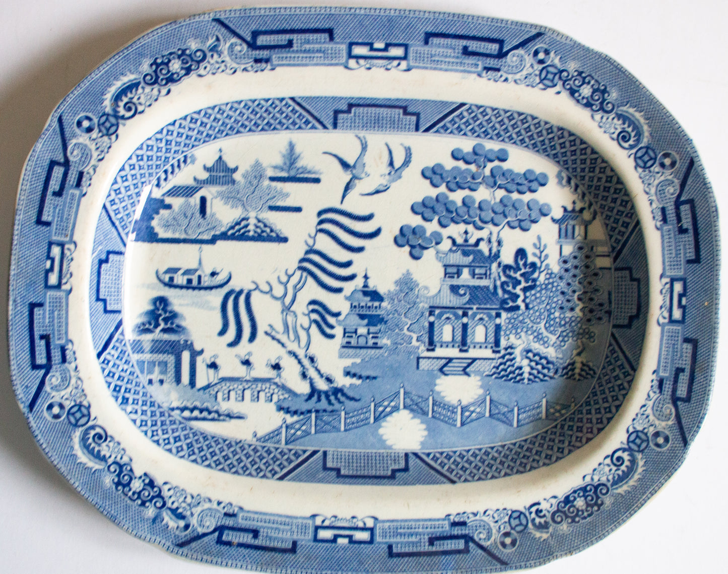 Antique 'Staffordshire Stone China' Willow Pattern Blue and White Transferware Serving Platter