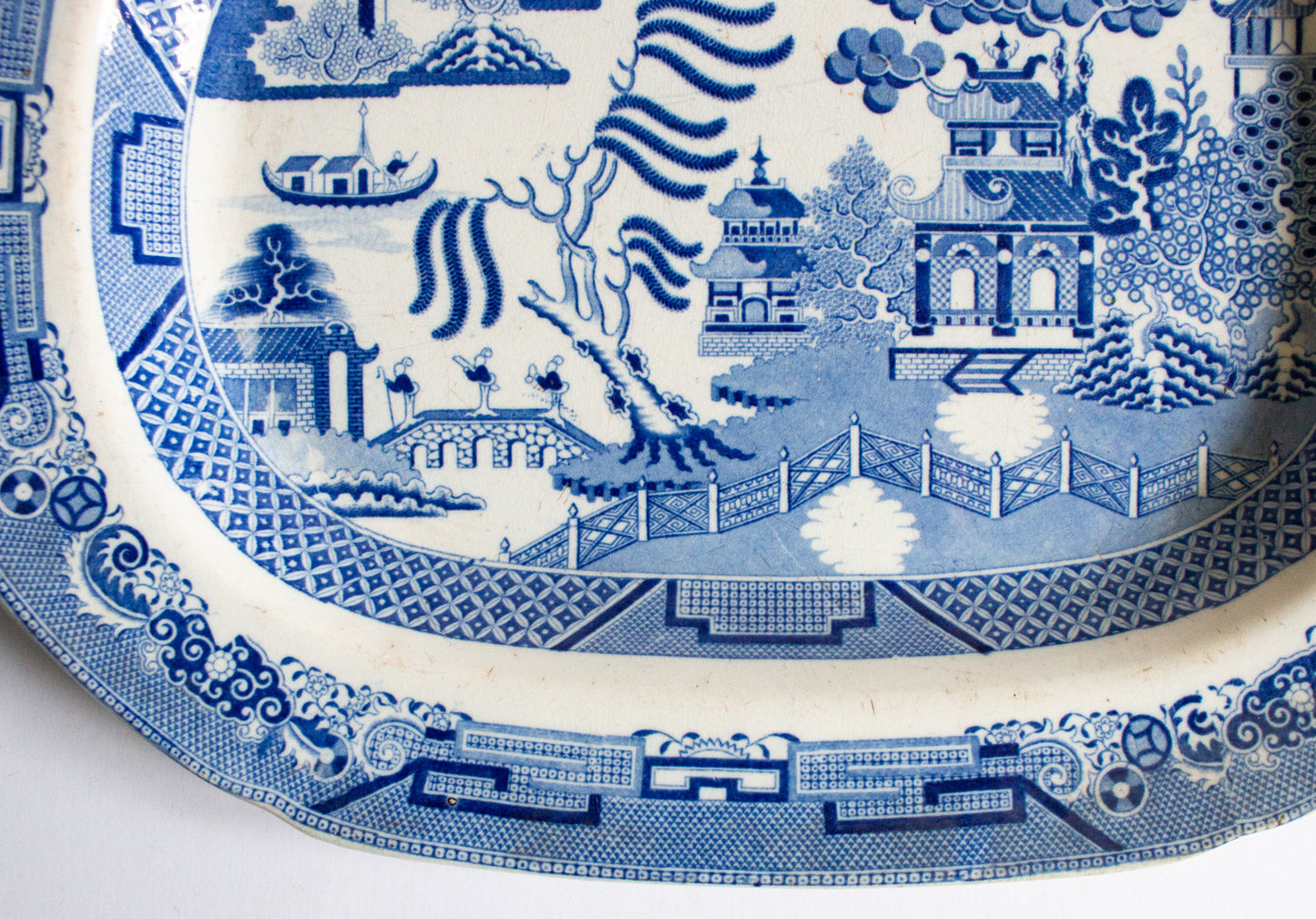 Antique 'Staffordshire Stone China' Willow Pattern Blue and White Transferware Serving Platter