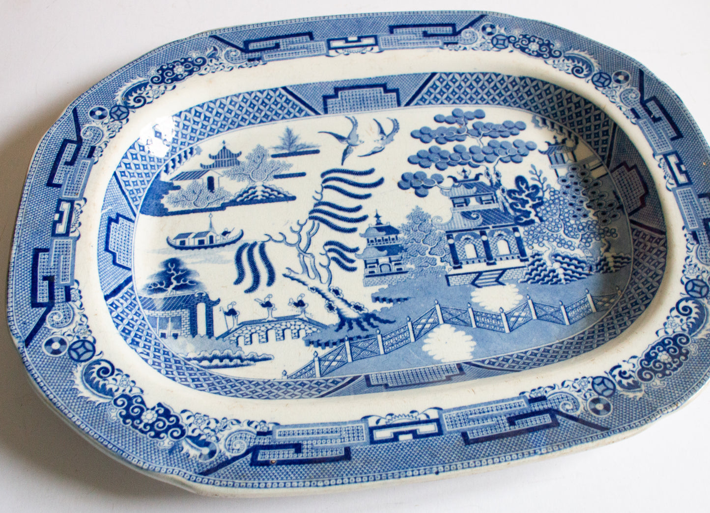 Antique 'Staffordshire Stone China' Willow Pattern Blue and White Transferware Serving Platter