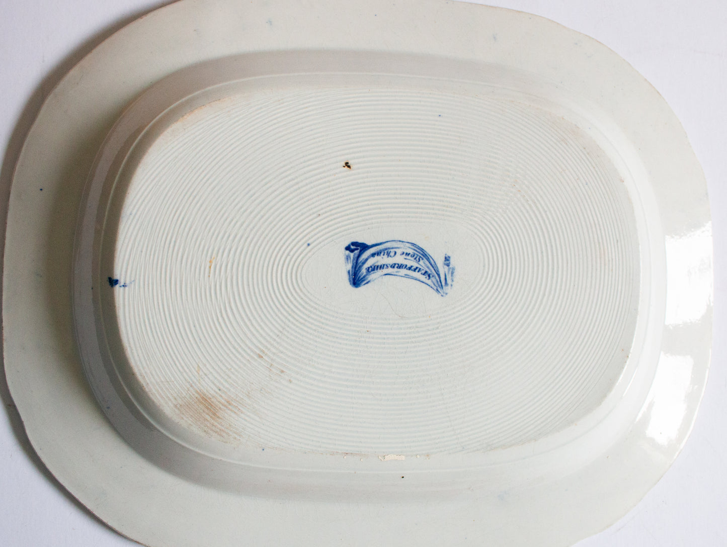 Antique 'Staffordshire Stone China' Willow Pattern Blue and White Transferware Serving Platter