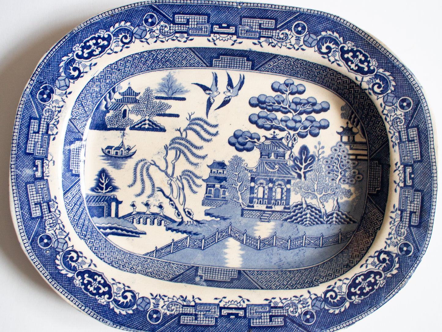 Antique Willow Pattern Blue and White Transferware Serving Platter