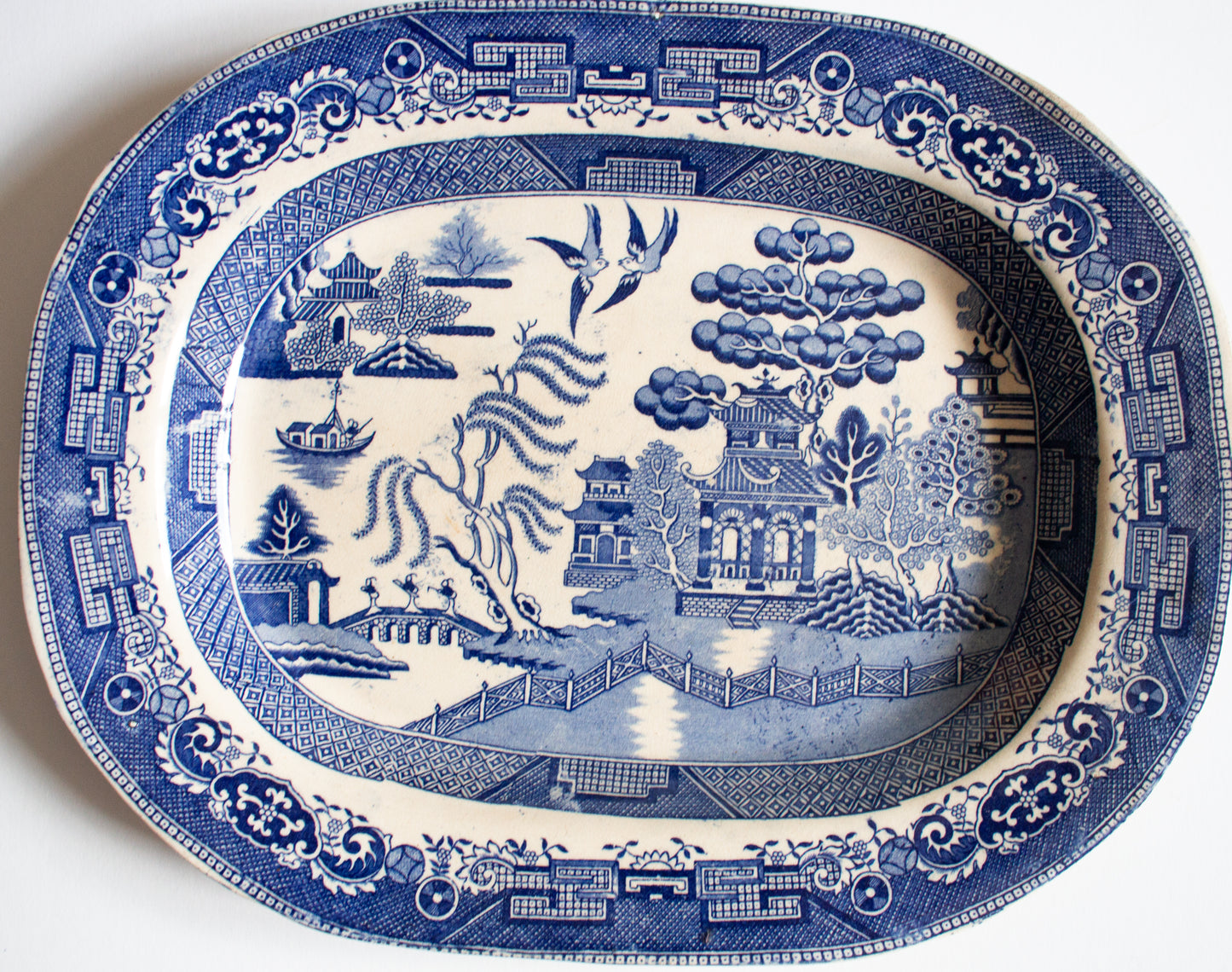 Antique Willow Pattern Blue and White Transferware Serving Platter