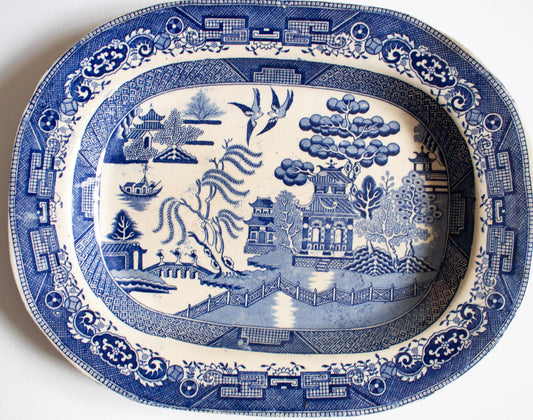 Antique Willow Pattern Blue and White Transferware Serving Platter