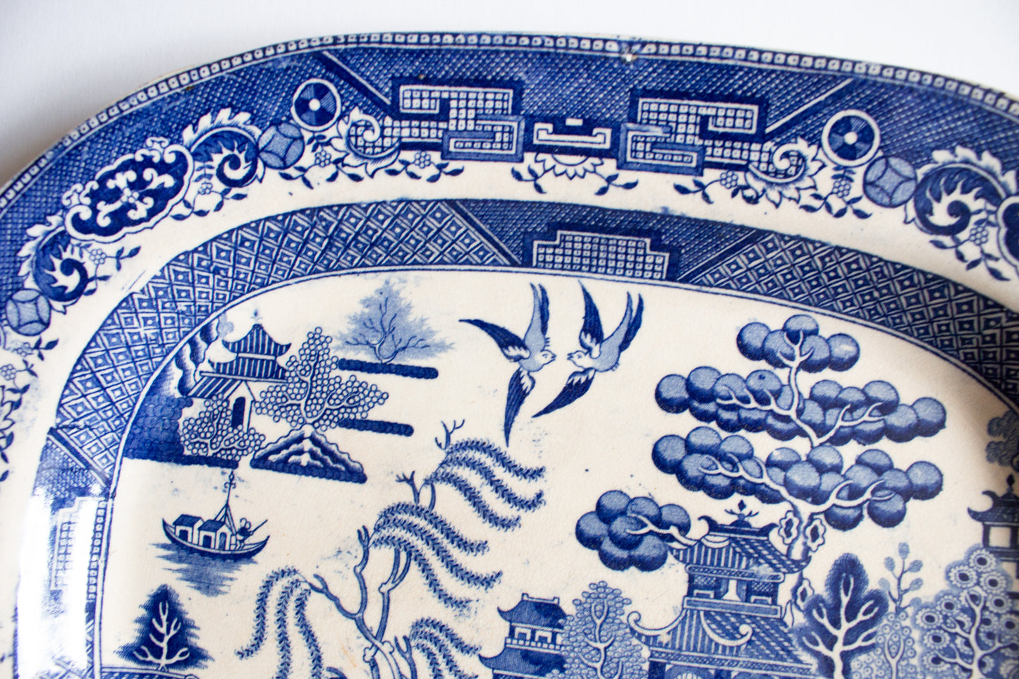 Antique Willow Pattern Blue and White Transferware Serving Platter