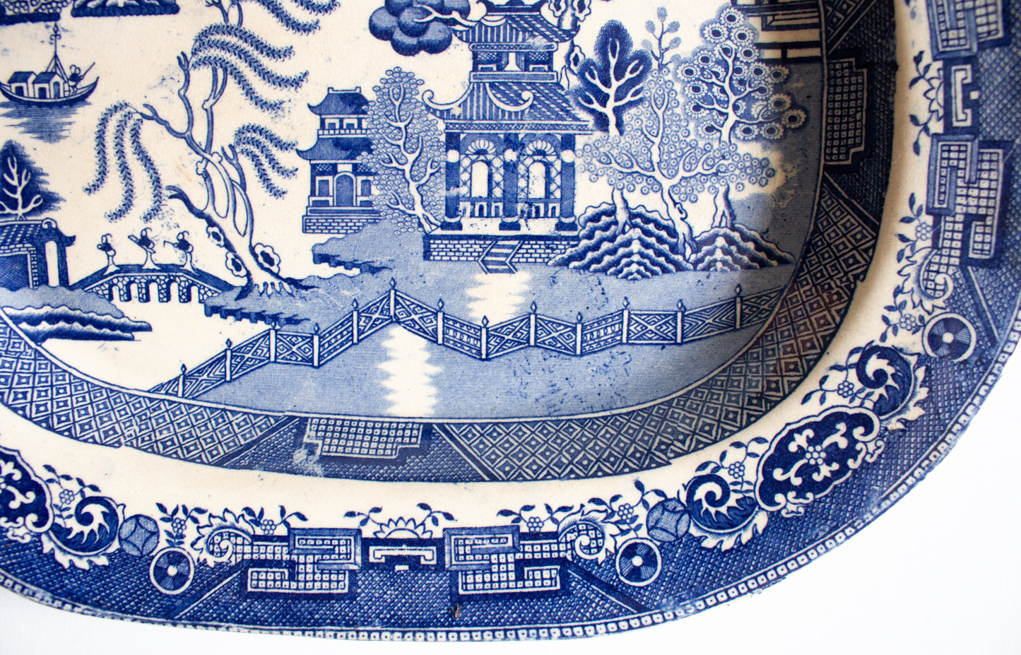 Antique Willow Pattern Blue and White Transferware Serving Platter