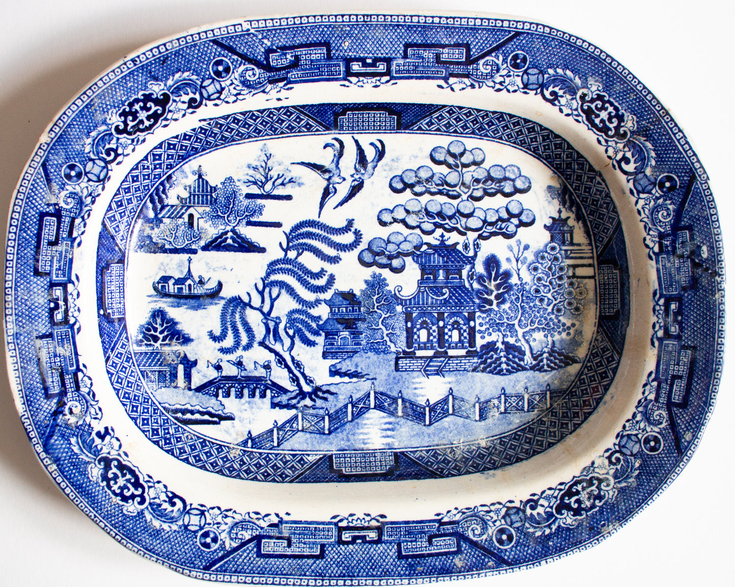 Antique Willow Pattern Blue and White Transferware Serving Platter