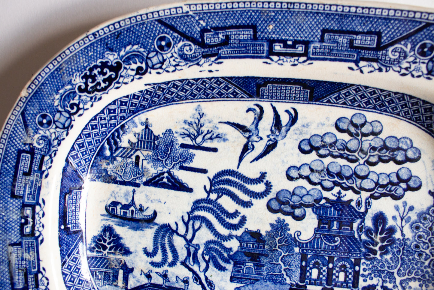 Antique Willow Pattern Blue and White Transferware Serving Platter