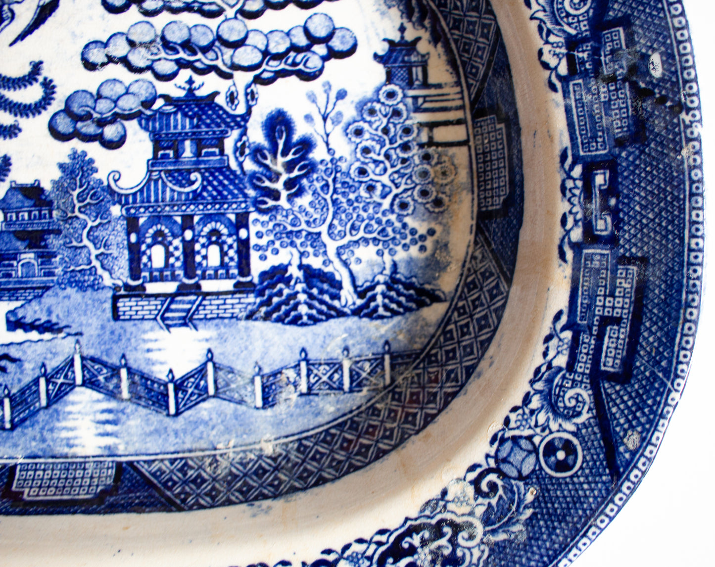 Antique Willow Pattern Blue and White Transferware Serving Platter