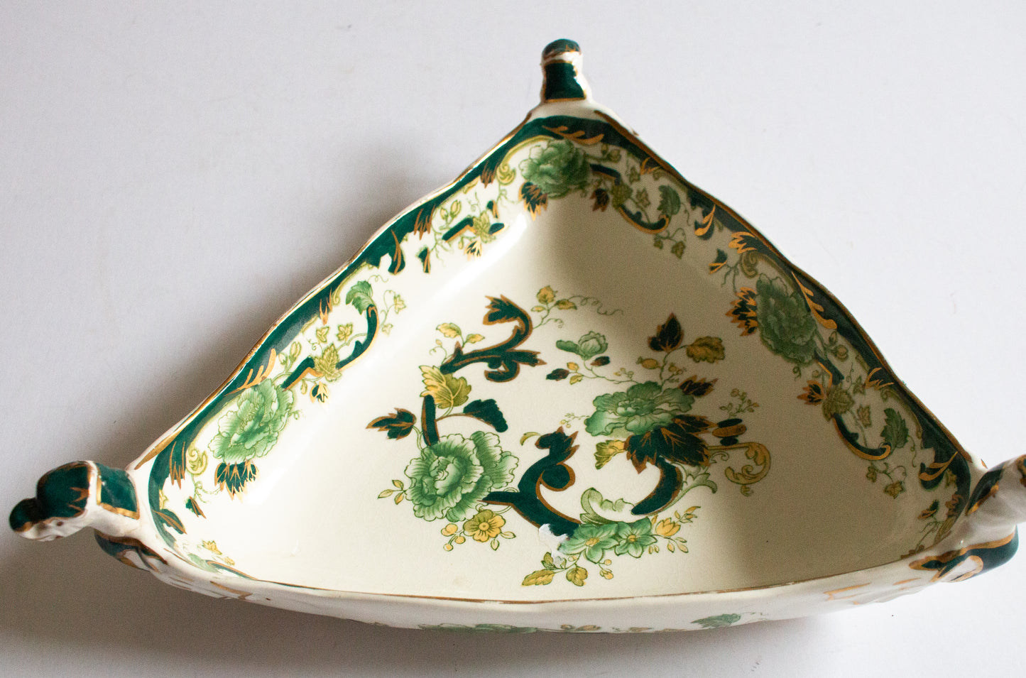 Masons Ironstone China 'Chartreuse' Pattern Triangular Dish with Moulded Dragon Handles