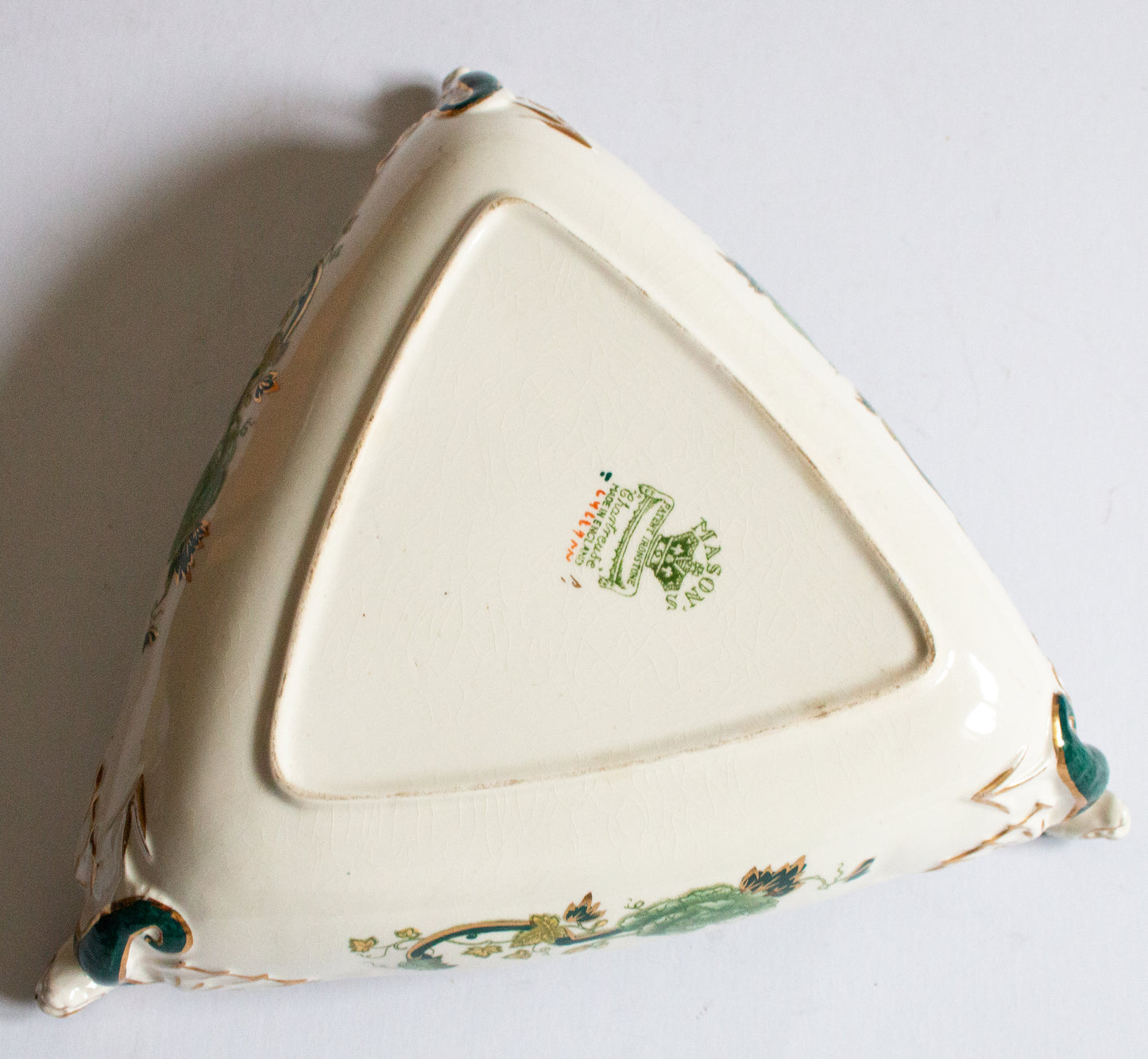 Masons Ironstone China 'Chartreuse' Pattern Triangular Dish with Moulded Dragon Handles