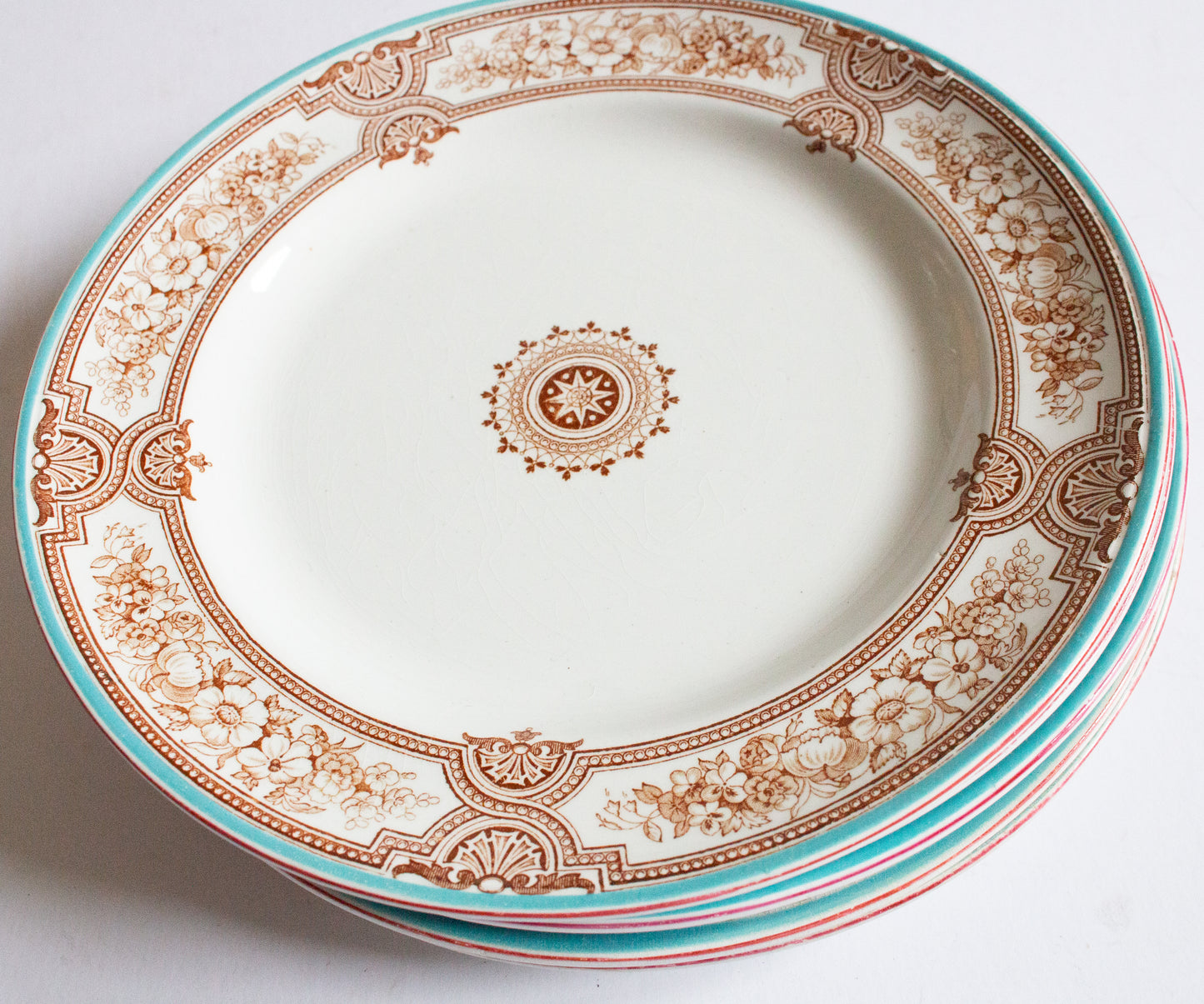 Antique Ashworth Bros. 'Lucerne' Brown and White Transferware 8.5" Coupe Plates (5)