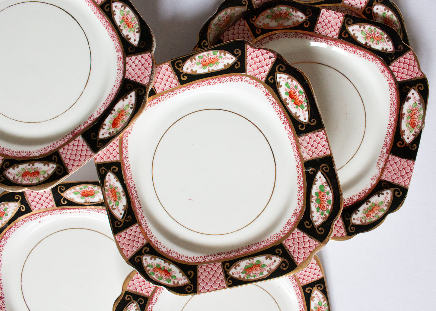 Gladstone China Floral Pink, Gold and Black Square 6.5" Side Plates (6)