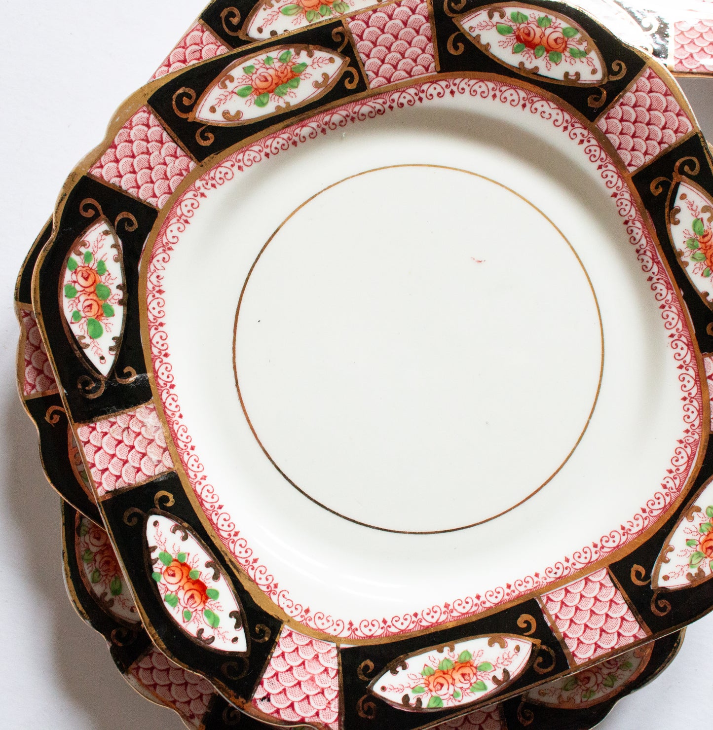 Gladstone China Floral Pink, Gold and Black Square 6.5" Side Plates (6)