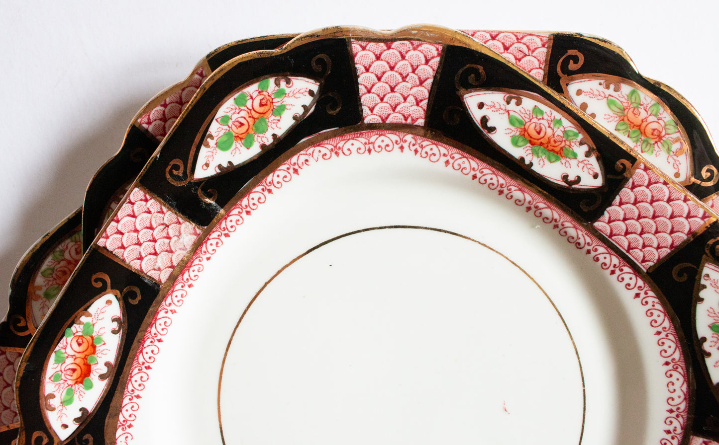 Gladstone China Floral Pink, Gold and Black Square 6.5" Side Plates (6)