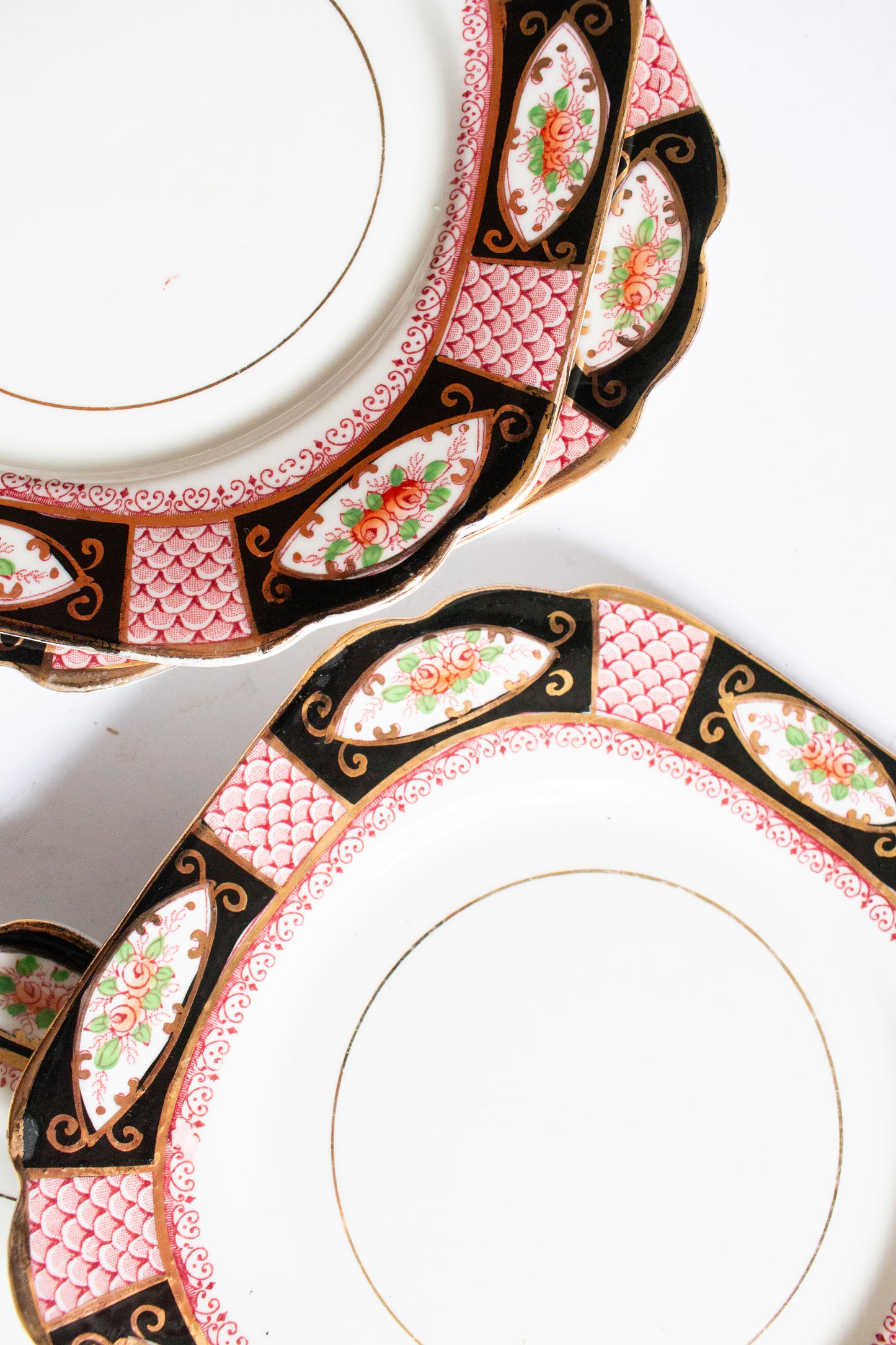 Gladstone China Floral Pink, Gold and Black Square 6.5" Side Plates (6)