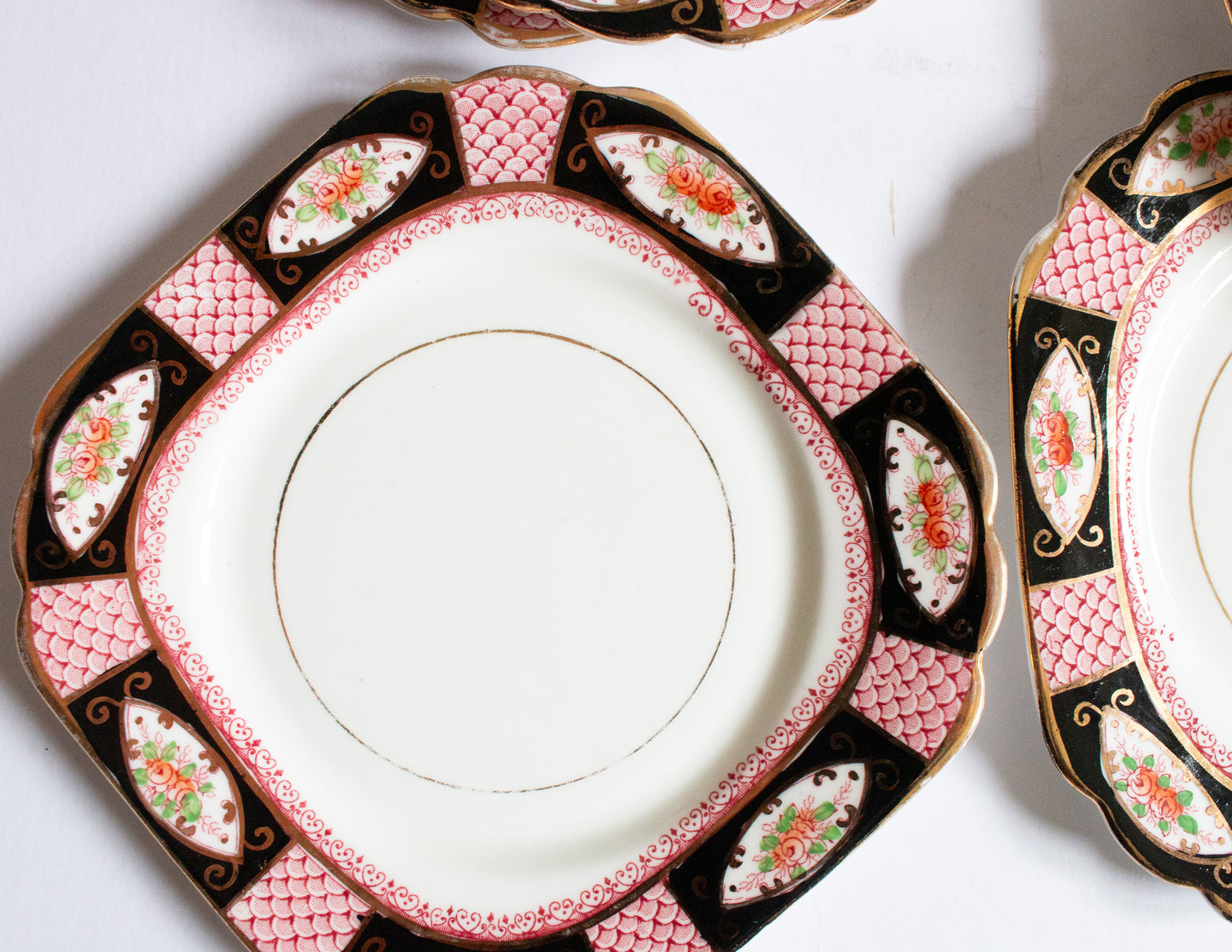 Gladstone China Floral Pink, Gold and Black Square 6.5" Side Plates (6)