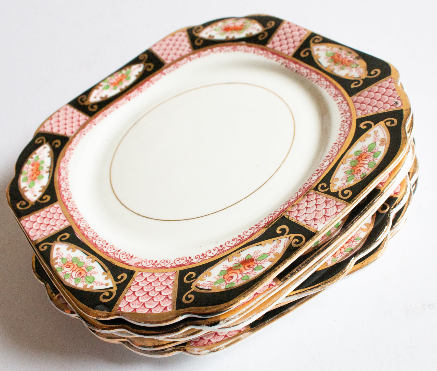 Gladstone China Floral Pink, Gold and Black Square 6.5" Side Plates (6)