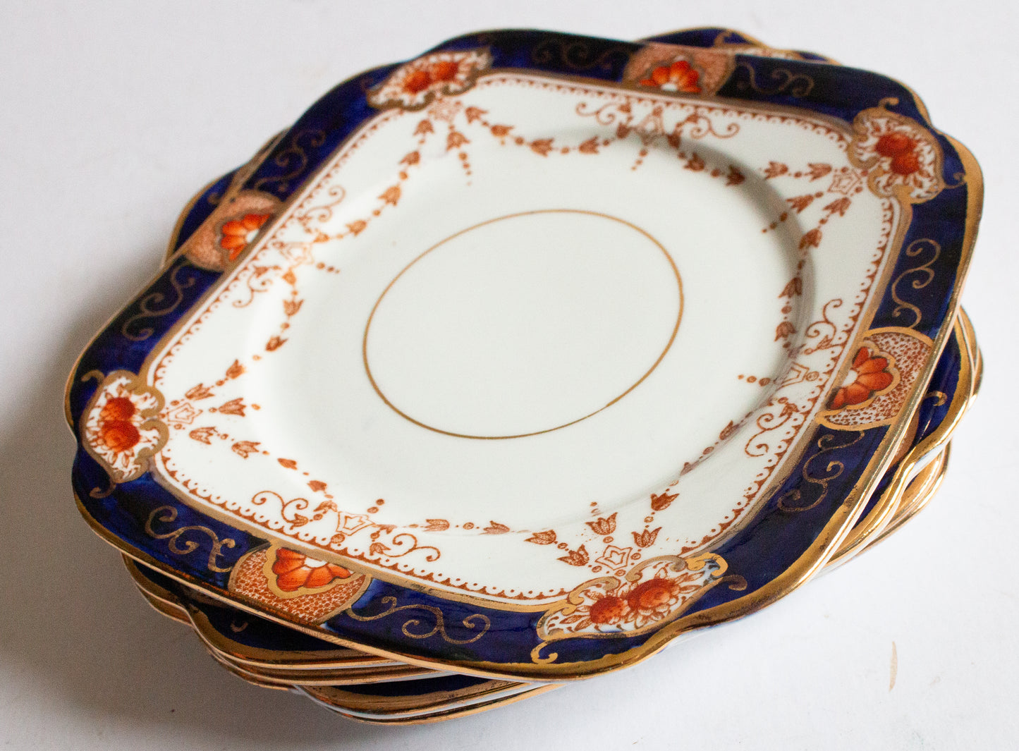 Roslyn China 'Haddon' Pattern Blue, Gold and Orange Square 6" Side Plates (5)