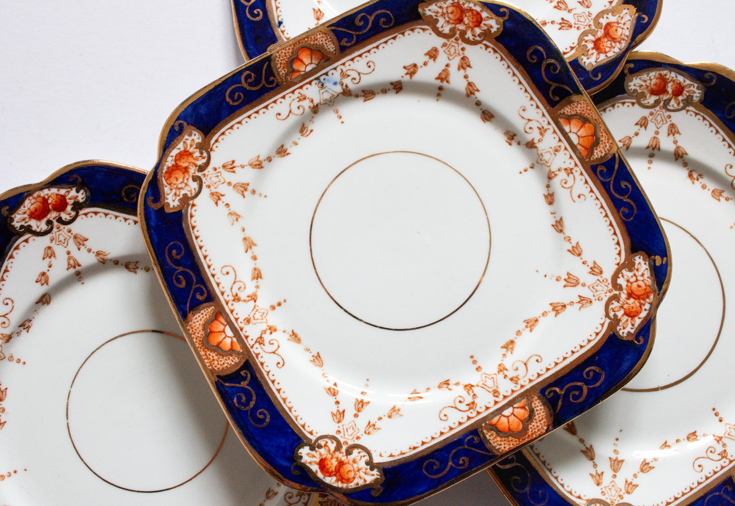 Roslyn China 'Haddon' Pattern Blue, Gold and Orange Square 6" Side Plates (5)