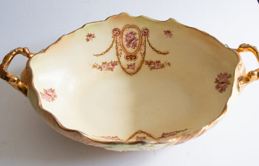 Crown Devon Fieldings Stoke on Trent Large Blushware Serving Dish or Bowl with Moulded Gilt Handles