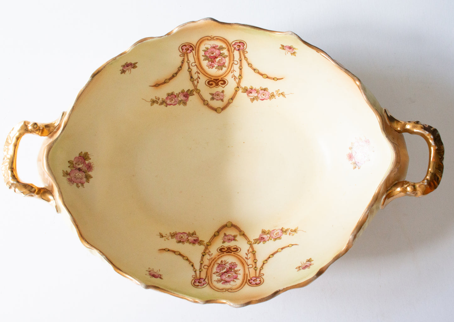 Crown Devon Fieldings Stoke on Trent Large Blushware Serving Dish or Bowl with Moulded Gilt Handles