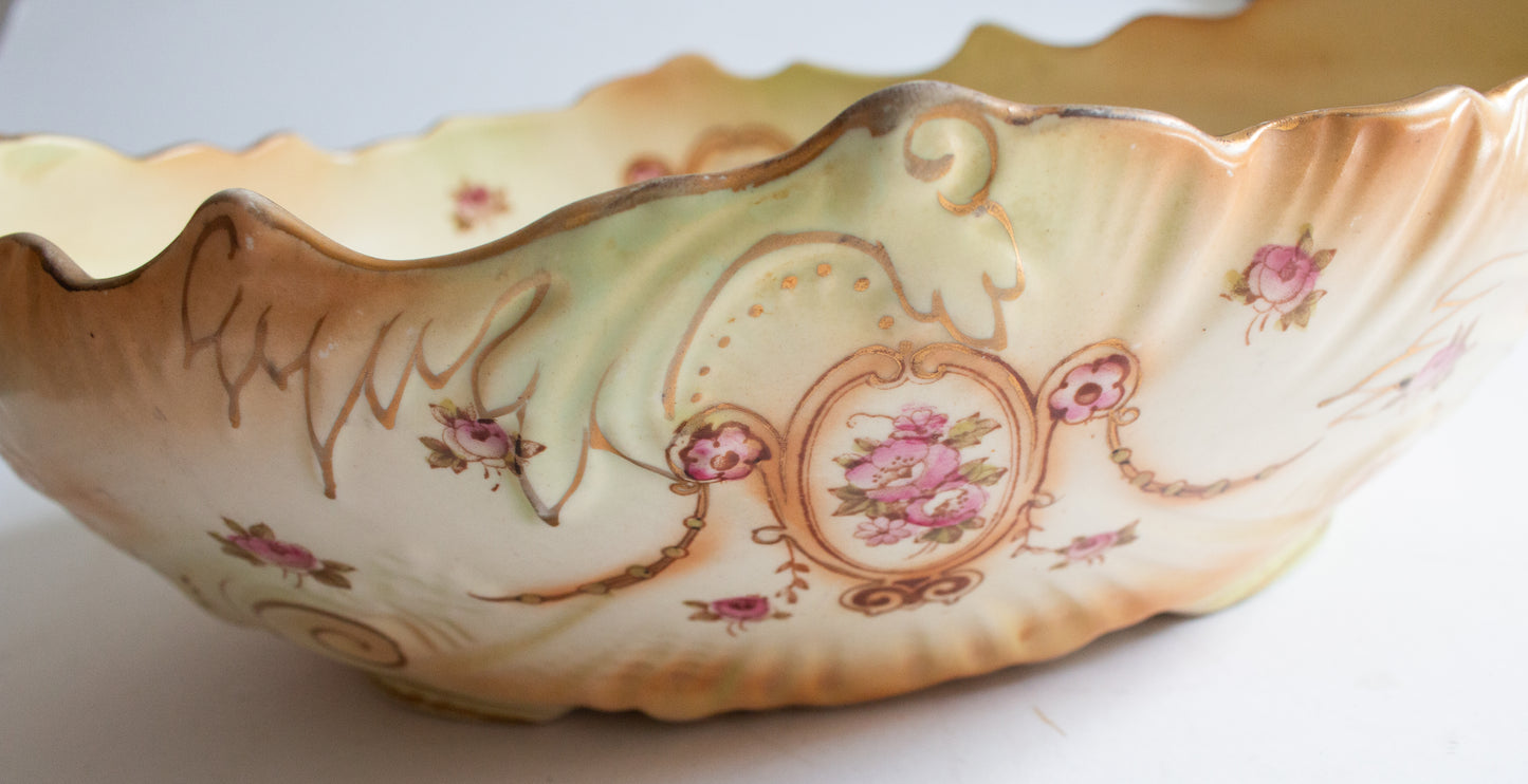 Crown Devon Fieldings Stoke on Trent Large Blushware Serving Dish or Bowl with Moulded Gilt Handles